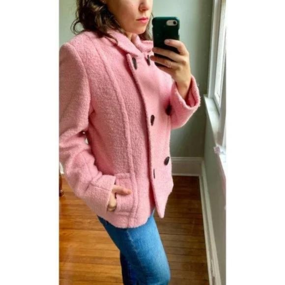 Vintage Y2K Pastel Bubble Gum Pink Fuzzy Fleece Wool Button Up Peacoat Jacket L - Picture 3 of 8